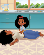 Cartoon scene of a child sitting on a person lying on the floor in a kitchen.